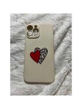 iPhone 13 Pro Max Case Cream Beige Double Heart Leopard Print